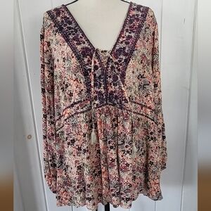 Torrid Babydoll Rayon Crepe Embroidered Lace Up Boho Floral